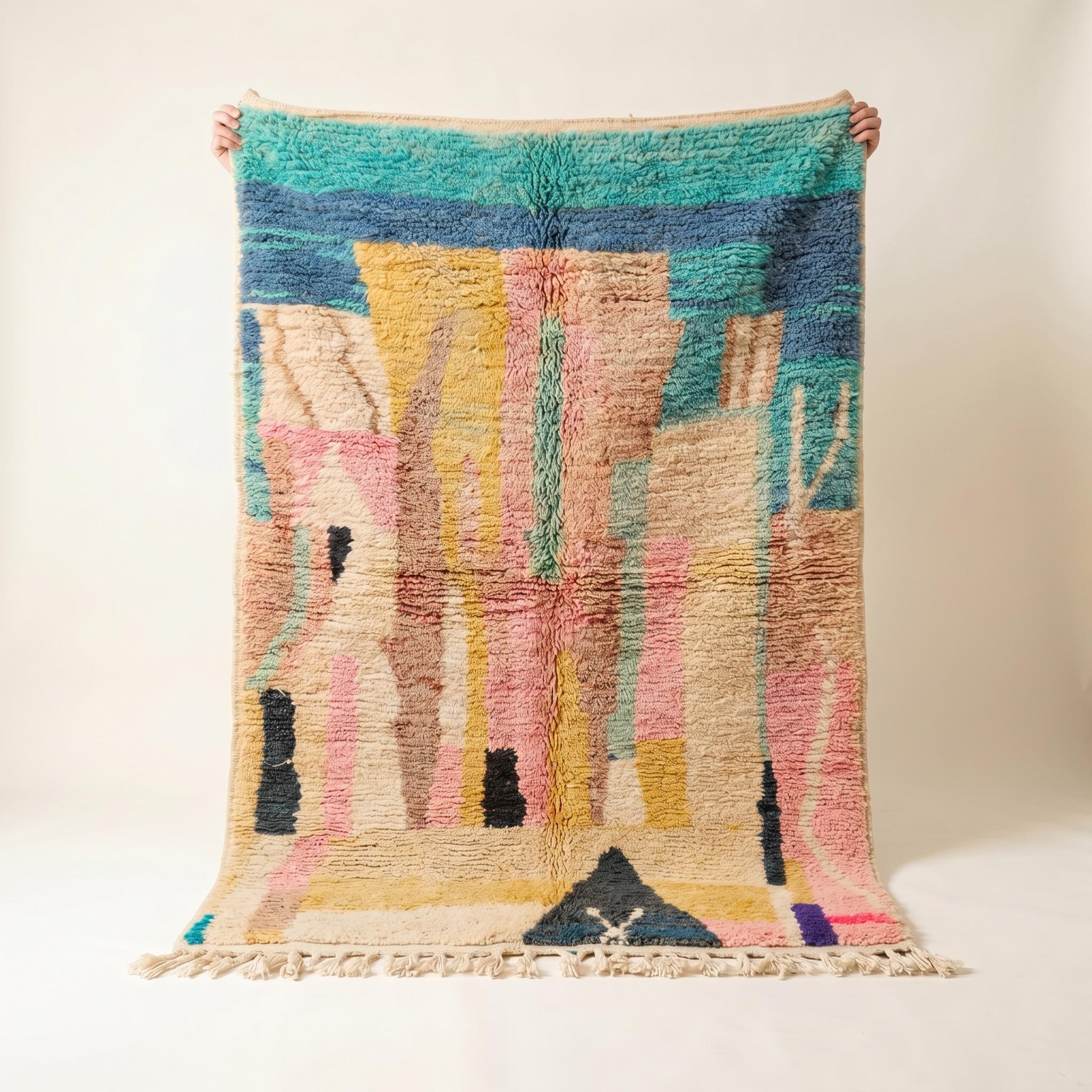 Boujaad Rug - Ivory Teal Multicolor Wool Rug - Handmade Abstract Vertical Rug - One of a Kind Boho Berber Carpet