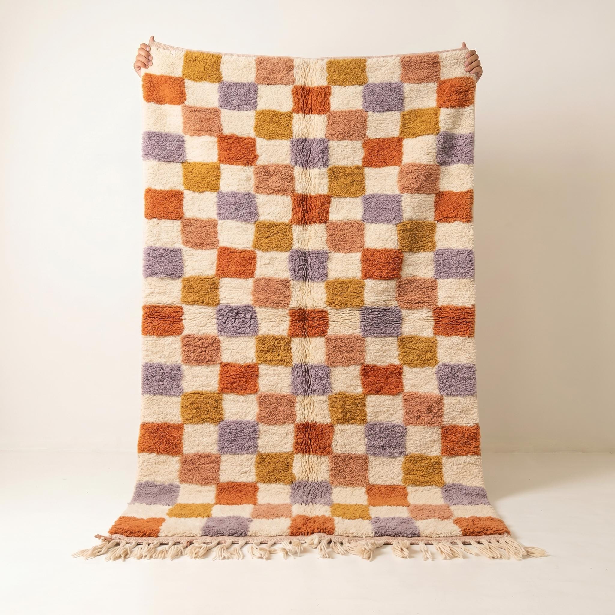 Checkered Rug - Ivory Multicolor Wool Rug - Handmade Checker Rug - Boho Area Rug - Berber Carpet - Multiple Sizes