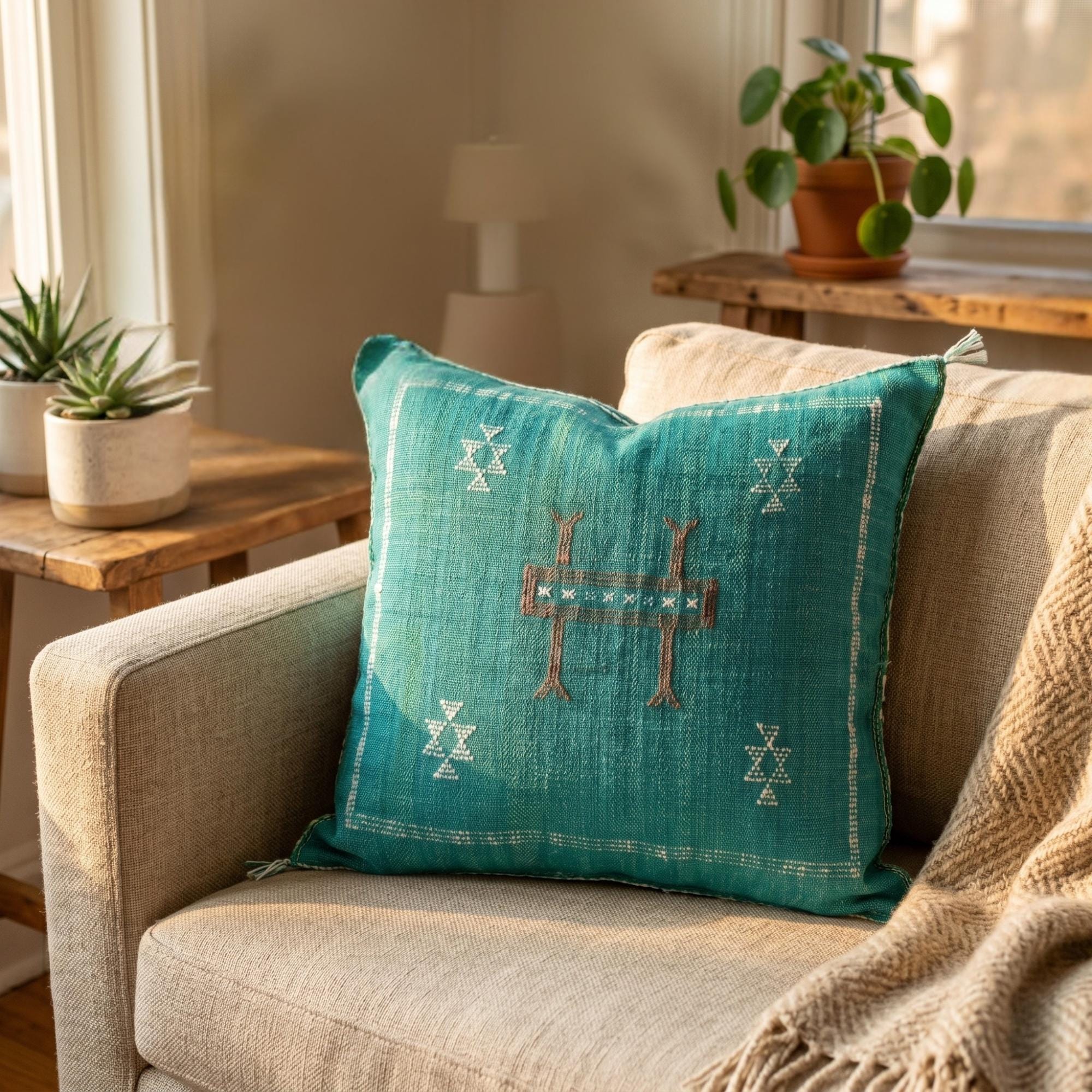 Berber Cactus Silk Peacock Blue Handmade Sabra Pillow