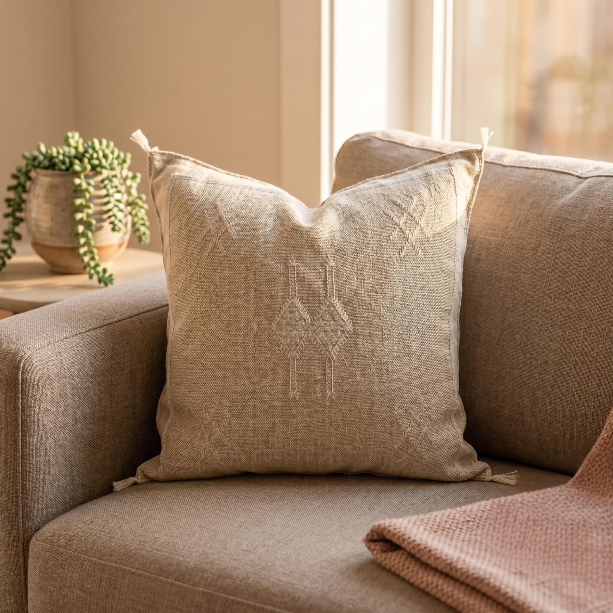 Berber Beige Cactus Silk Handmade Sabra Cushion Pillow
