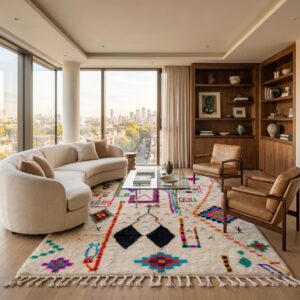 Azilal Rug - Ivory Wool Shag with Multicolor Folk Art Symbols, Handmade Tribal Berber Area Rug