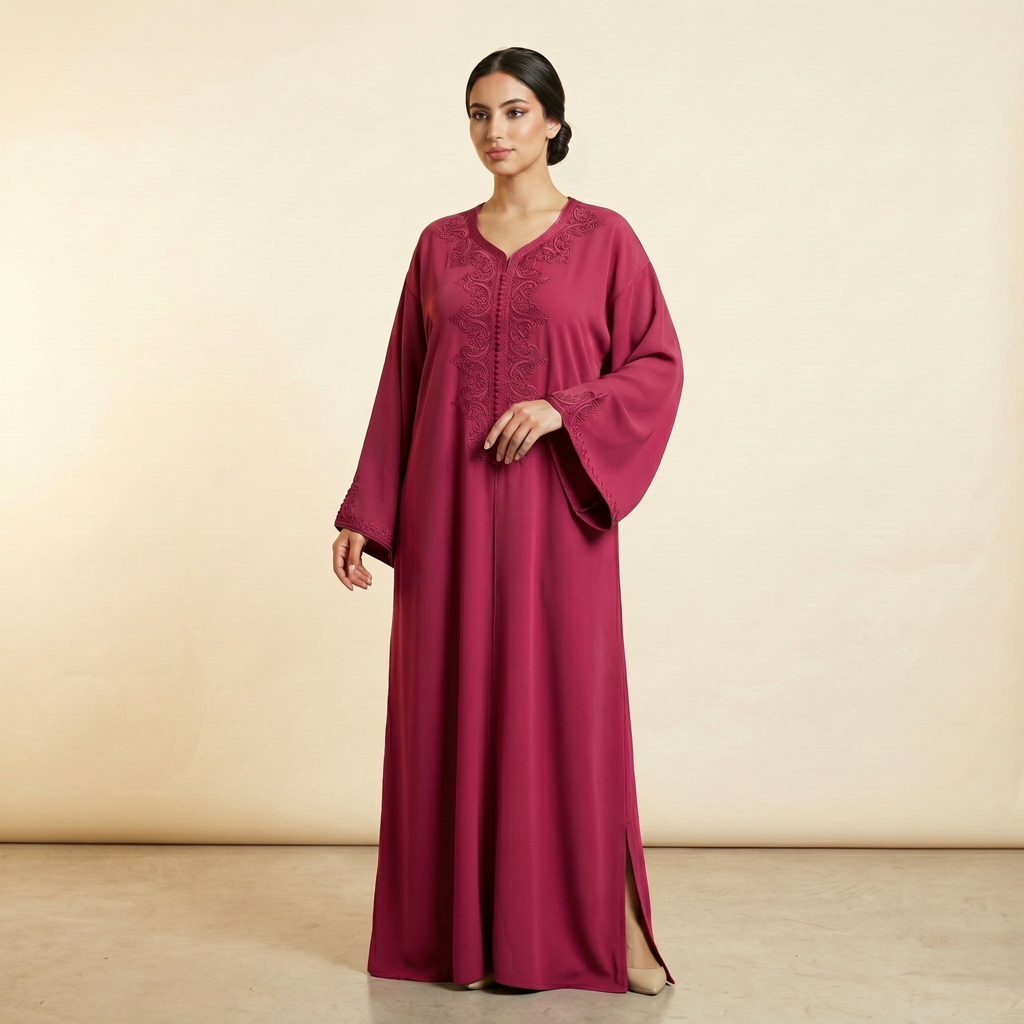 fuchsia Kaftan - Flowing Tonal Embroidery Ceremony Style
