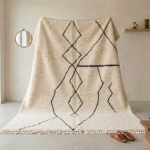 Hand-Knotted Ivory Wool Rug, Minimalist Black Diamond Berber Carpet, Scandinavian Shag Home