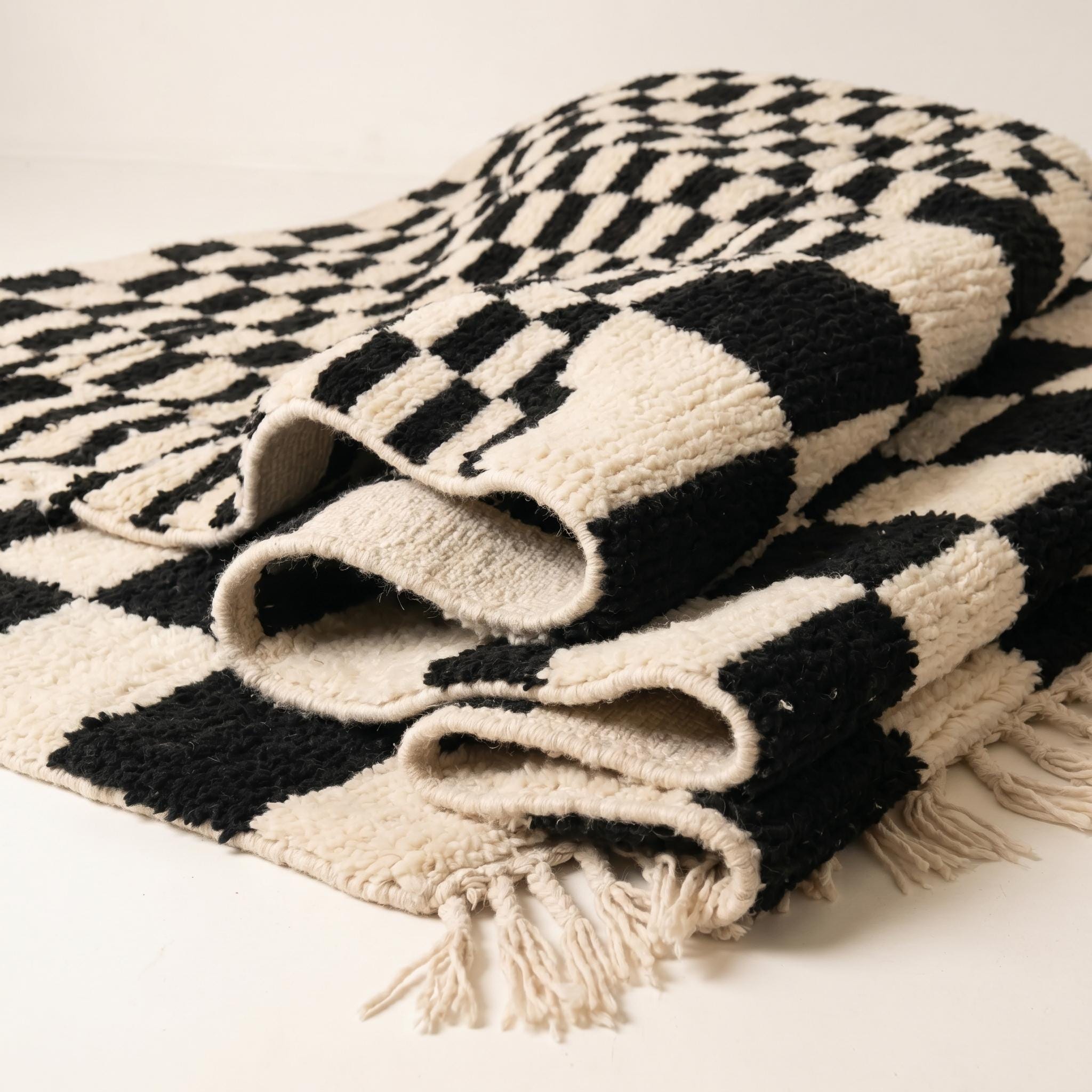 Checkered Rug - Ivory Black Wool Rug - Handmade Large Check Rug - Modern Area Rug - Graphic Berber Carpet - Multiple Sizes
