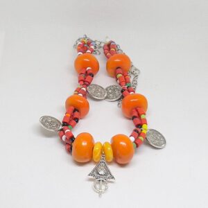 Handmade Berber Necklace: Antique Silver Coins, Coral & Faux Amber