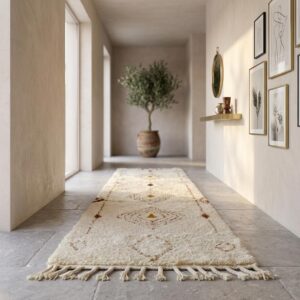 Beni Ourain Runner Rug, Berber Hallway Carpet, Cream and Brown Tribal Shag, Modern Minimalist Entryway Decor, Custom Size