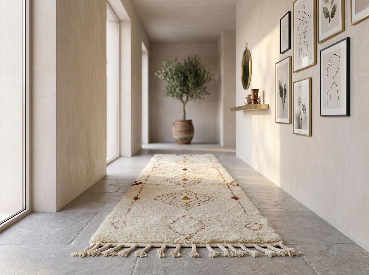 Beni Ourain Runner Rug, Berber Hallway Carpet, Cream and Brown Tribal Shag, Modern Minimalist Entryway Decor, Custom Size