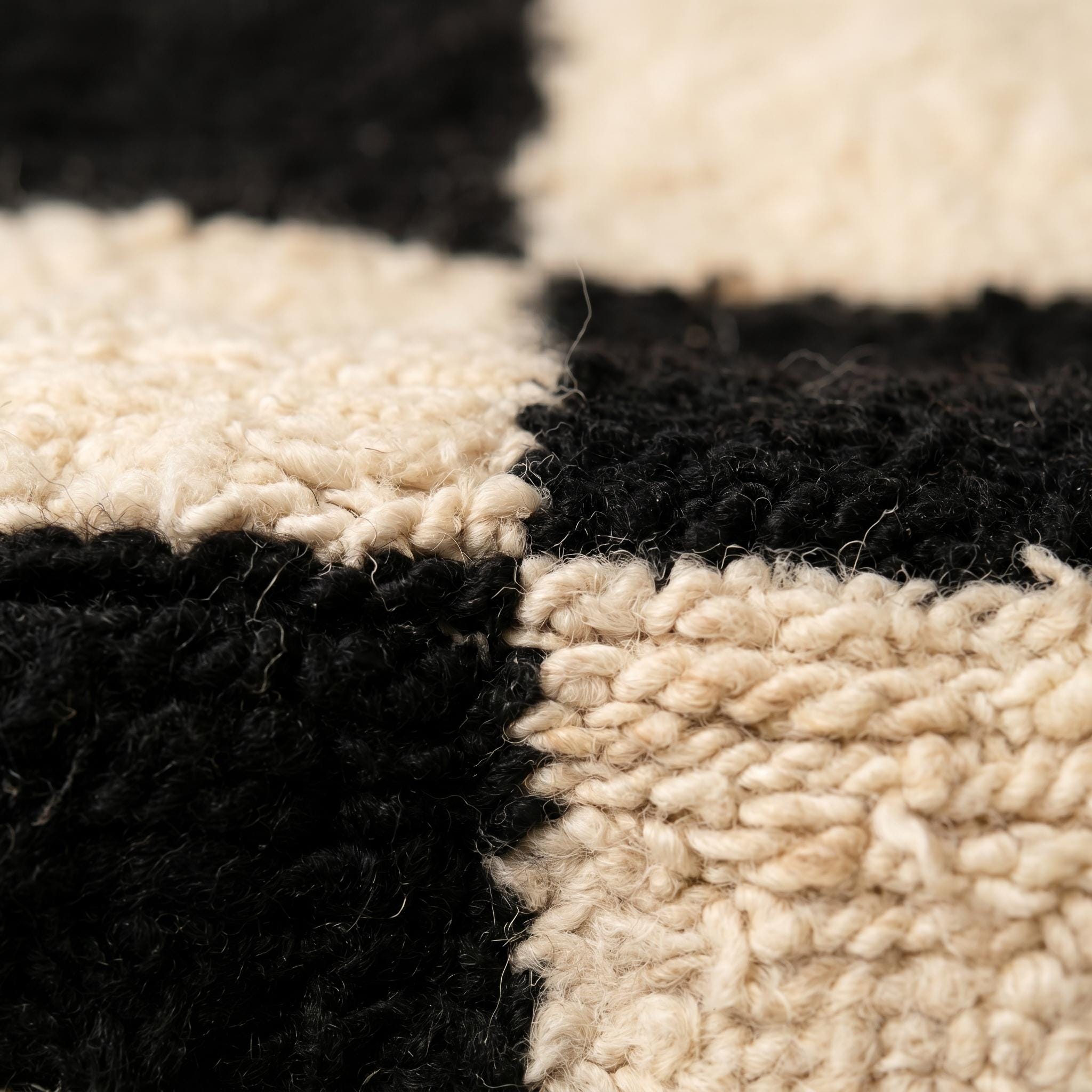 Checkered Rug - Ivory Black Wool Rug - Handmade Stripe Block Rug - Minimalist Area Rug - Berber Carpet - Multiple Sizes