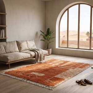 Terracotta Beni Ourain Berber Carpet, Abstract Shag Wool Rug, Desert Modern Living Room