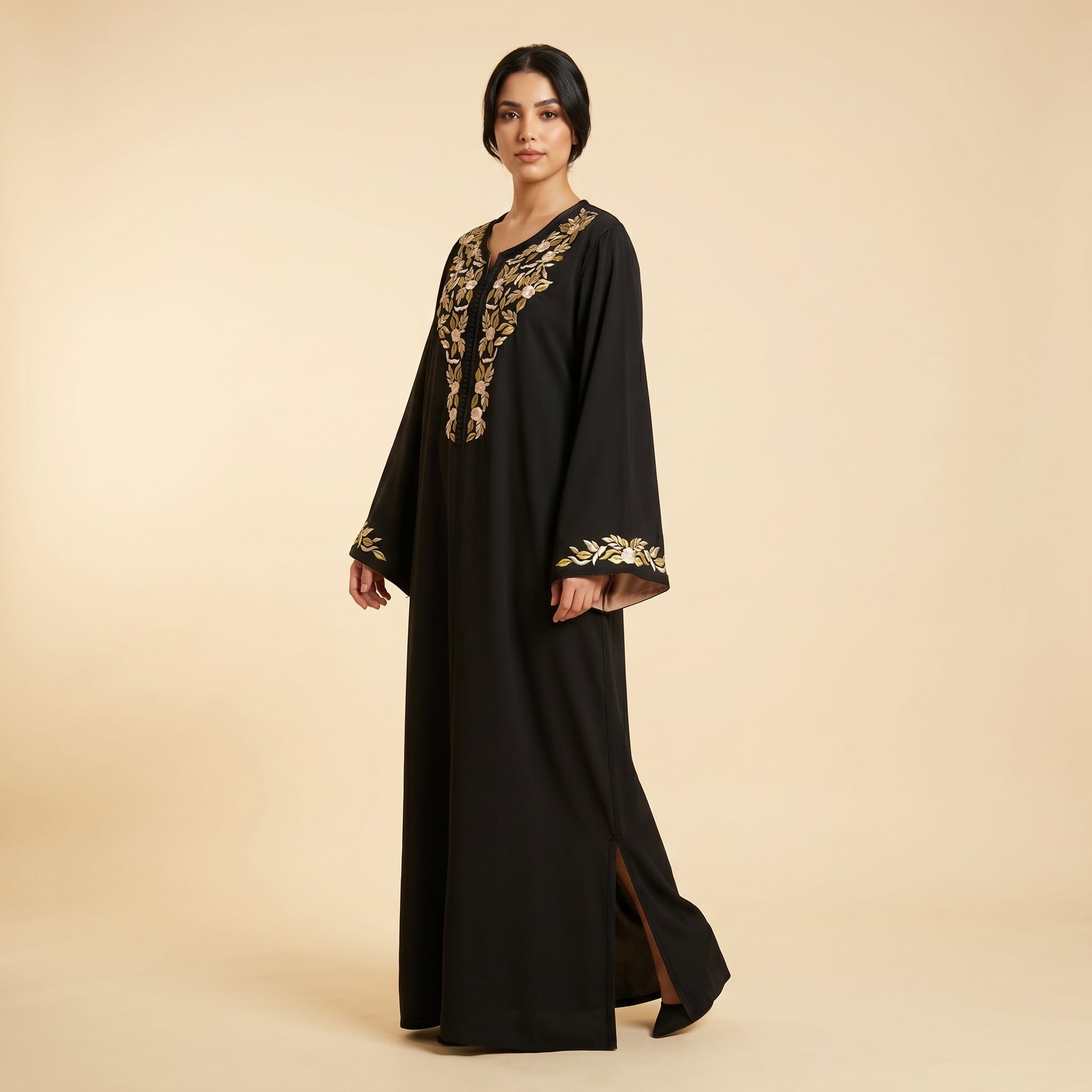 noir Kaftan - Beige Motif Occasion Wear