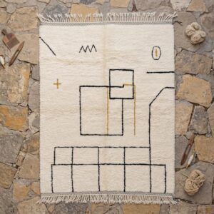 Berber Ivory Architectural Wool Rug, Black Grid Line Beni Ourain Carpet, Bauhaus Modern Shag Home