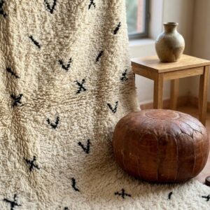 Hand-knotted Beni Ourain Wool Rug, Cream Berber Symbols, Boho Bedroom Decor