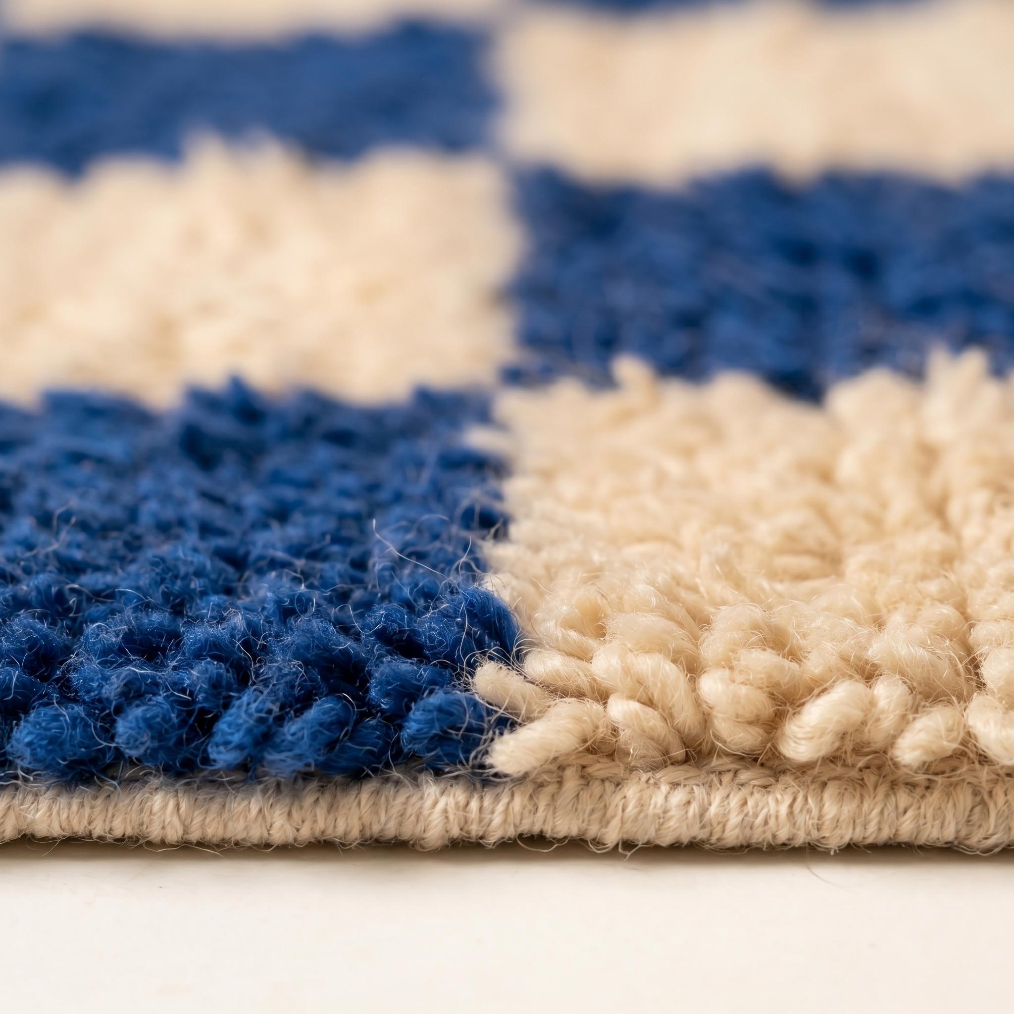 Checkered Rug - Royal Blue Ivory Wool Rug - Handmade Checker Rug - Bold Area Rug - Graphic Berber Carpet - Multiple Sizes