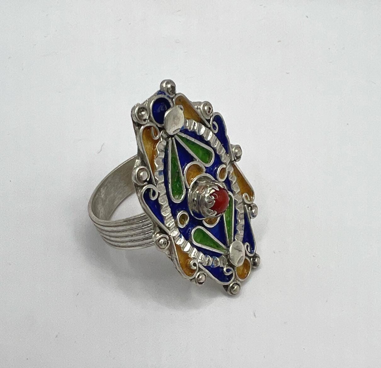 Kabyle Berber Ring: Sterling Silver, Enamel Coral - Handmade Adjustable Size FR 59 / 9 US