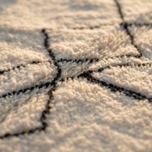 Hand-Knotted Ivory Wool Rug, Minimalist Black Diamond Berber Carpet, Scandinavian Shag Home