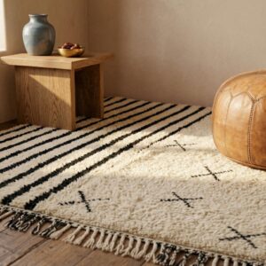 Handwoven Beni Ourain Rug, Black White Stripes, Asymmetric Berber Carpet, Boho Living Room