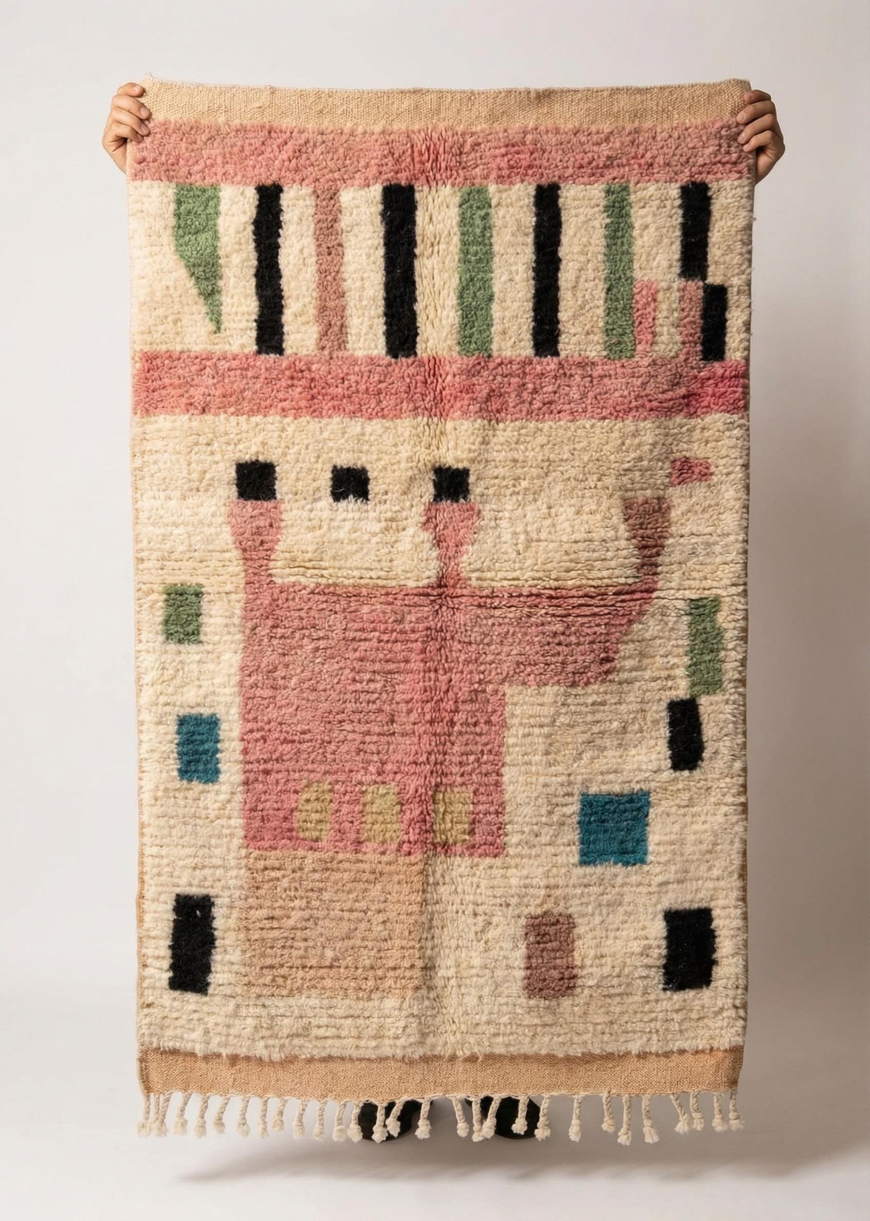 Boujaad Rug - Ivory Pink Abstract Wool Rug - Handmade Art Rug - Pastel Boho Area Rug - Colorful Berber Carpet - Multiple Sizes