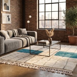 Ivory & Teal Beni Ourain Rug - Handwoven Wool Shag, Color Block Berber Carpet, Modern Boho Living Room Area Rug