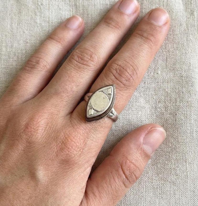Handmade Amazigh Vintage Sterling Silver Tuareg Ring: Ebony Inlay, Size 7 US, 56 EU