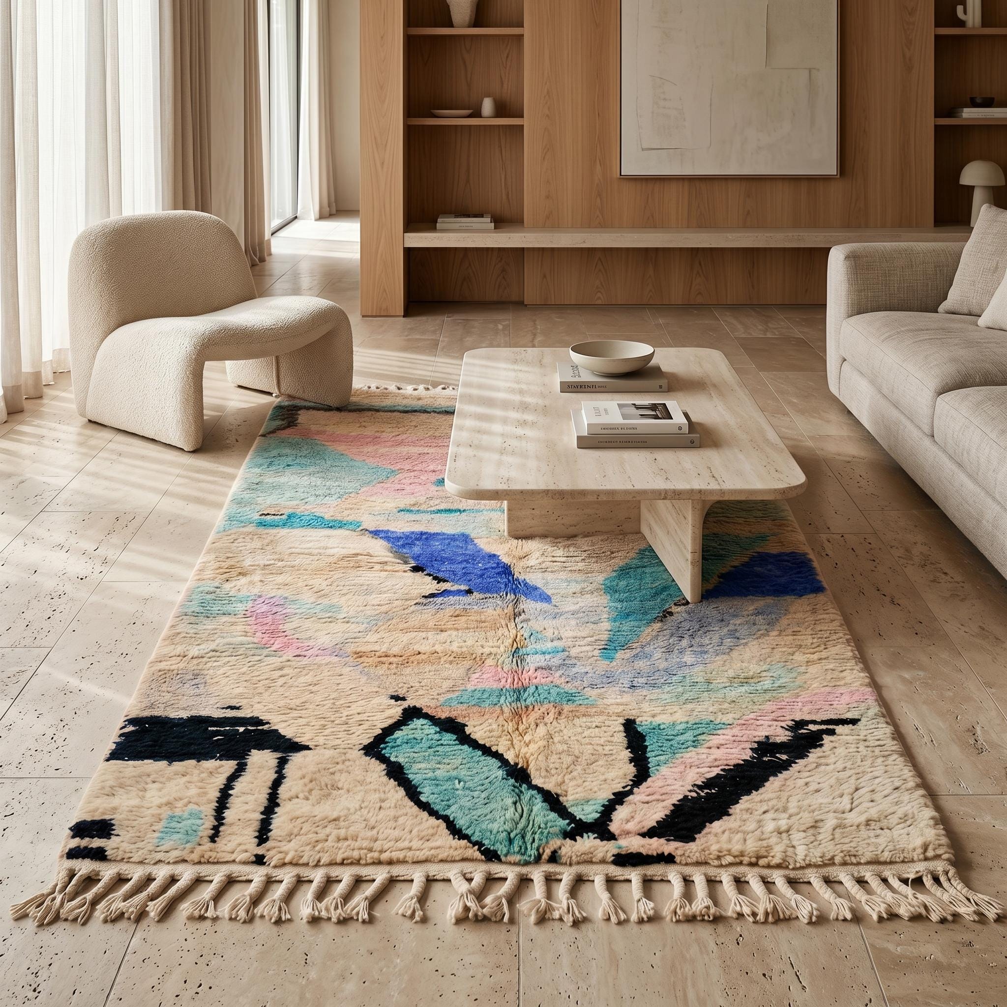 Boujaad Rug - Sandy Pastel Multicolor Wool - Handmade Abstract Rug - Dreamy Boho Berber Carpet - One of a Kind