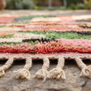 Tribal Wool Rug Multicolor - Handwoven Boujaad Berber Carpet, Pink Green Color Block Boho Custom Living Room Area Rug
