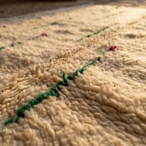 Berber Shag Rug - Ivory Wool with Green Stem & Pink Flower Motifs, Soft Handmade Area Rug