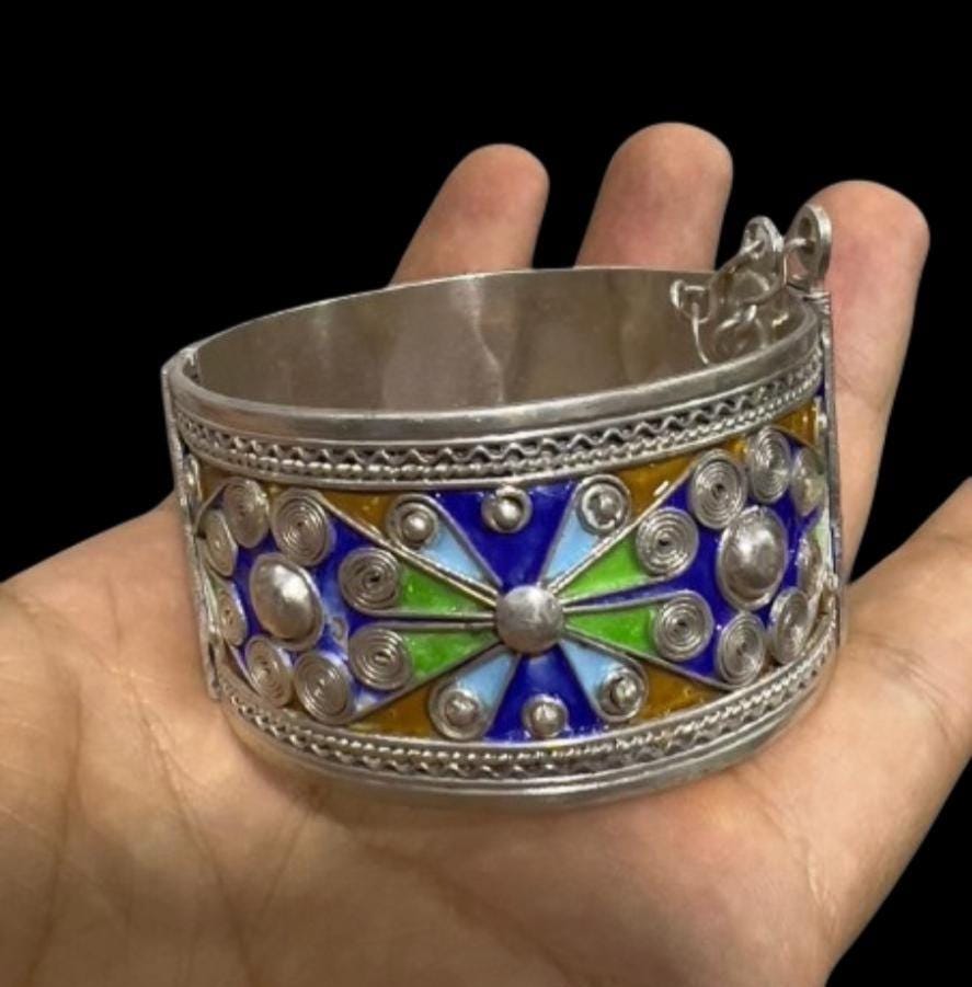 Vintage Berber Sterling Silver Cuff Bracelet: Ethnic Tribal Handcrafted Kabyle Enamel Silver Jewelry