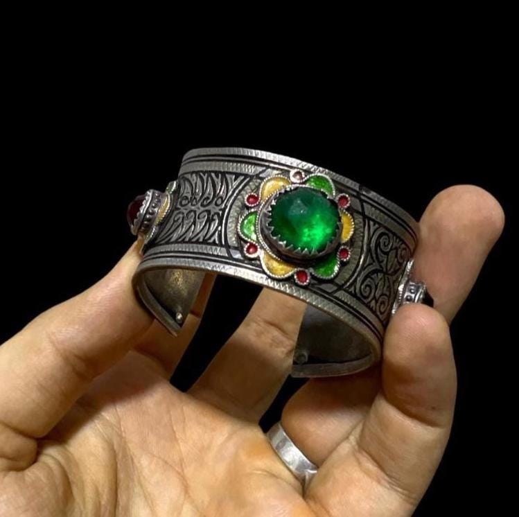 Antique Silver Enamel Berber Bracelet: Boho Cuff
