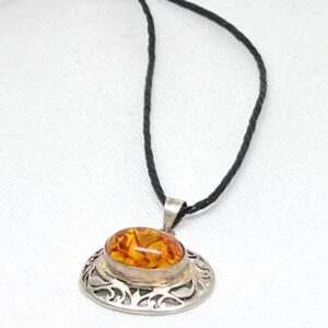 Vintage Baltic Amber Stone Sterling Silver Pendant: Art Round Amber 925 Necklace 17.88g