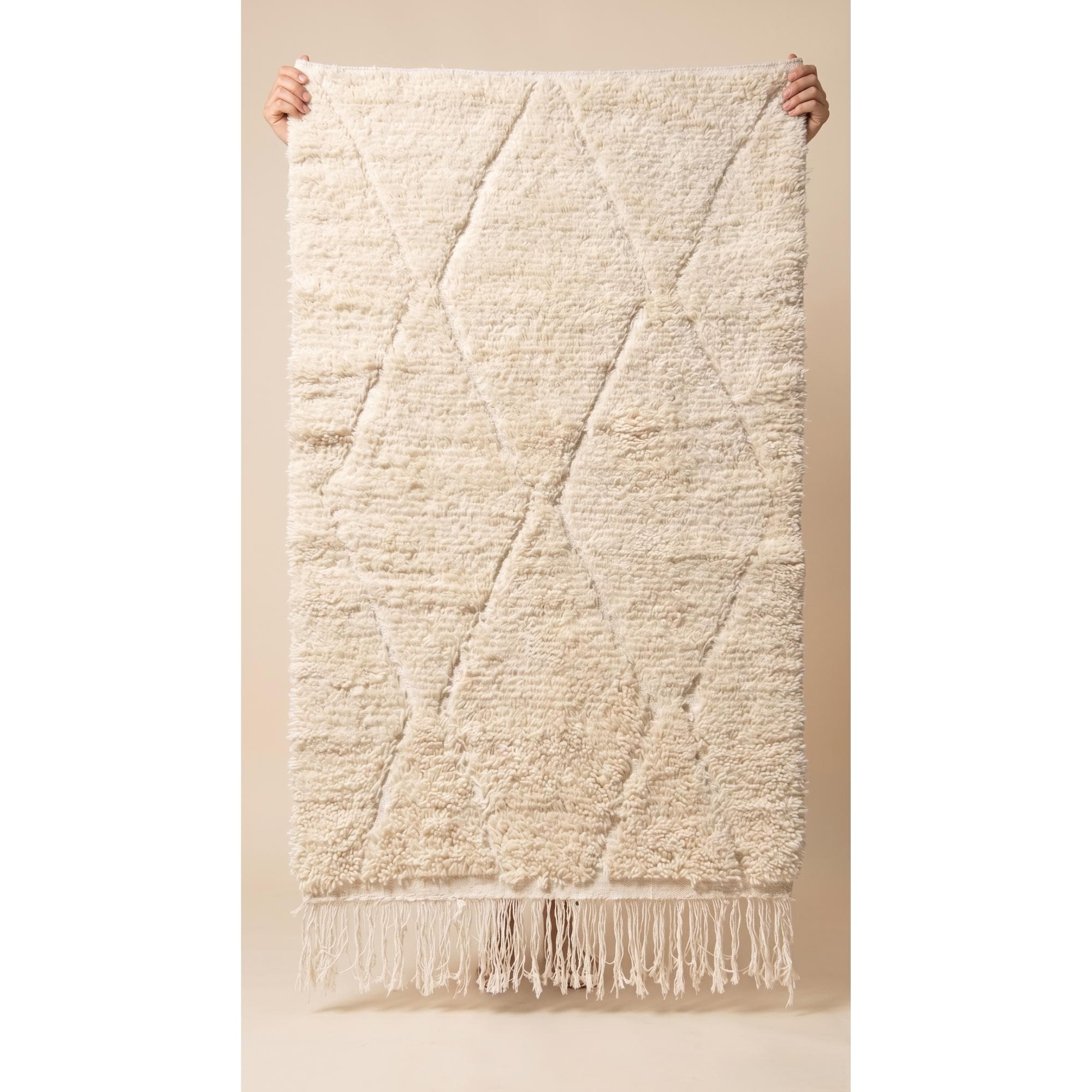 White Beni Ourain Rug - Minimalist Cream Diamond Rug - Handmade Berber Wool Carpet - Shaggy Ivory Area Rug - Scandi Boho Decor - Custom