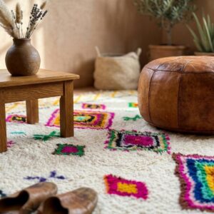 Amazigh Handmade Beni Ourain Wool Rug, Rainbow Diamond Shag Carpet, Boho Eclectic Ivory Pink Green