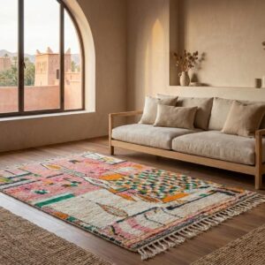 Pink Abstract Wool Rug, Handwoven Berber Carpet, Bohemian Geometric Area Rug