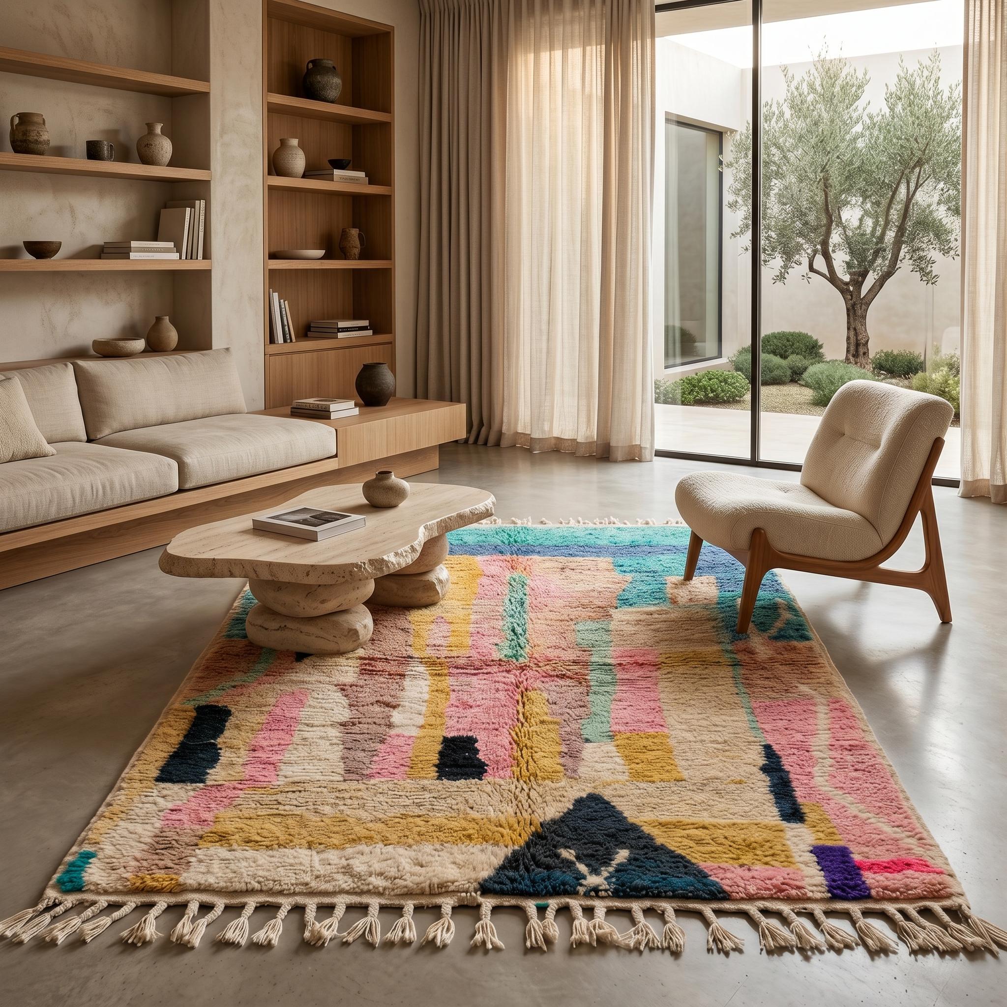 Boujaad Rug - Ivory Teal Multicolor Wool Rug - Handmade Abstract Vertical Rug - One of a Kind Boho Berber Carpet