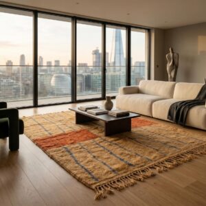 Terracotta Color Block Berber Rug - Camel & Blue Stripe Wool Shag, Handwoven Beni ourain Living Room Rug