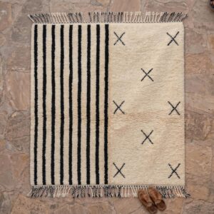 Handwoven Beni Ourain Rug, Black White Stripes, Asymmetric Berber Carpet, Boho Living Room