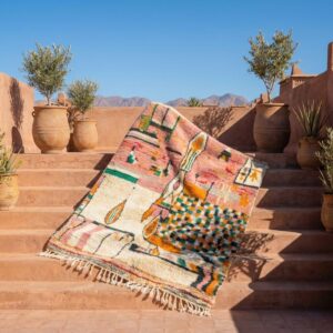 Pink Abstract Wool Rug, Handwoven Berber Carpet, Bohemian Geometric Area Rug