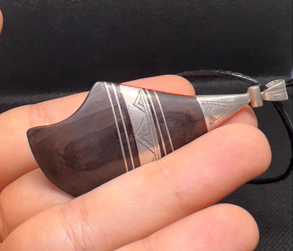Antique Tuareg Ebony Pendant: Sterling Silver Inlay, African Amulet