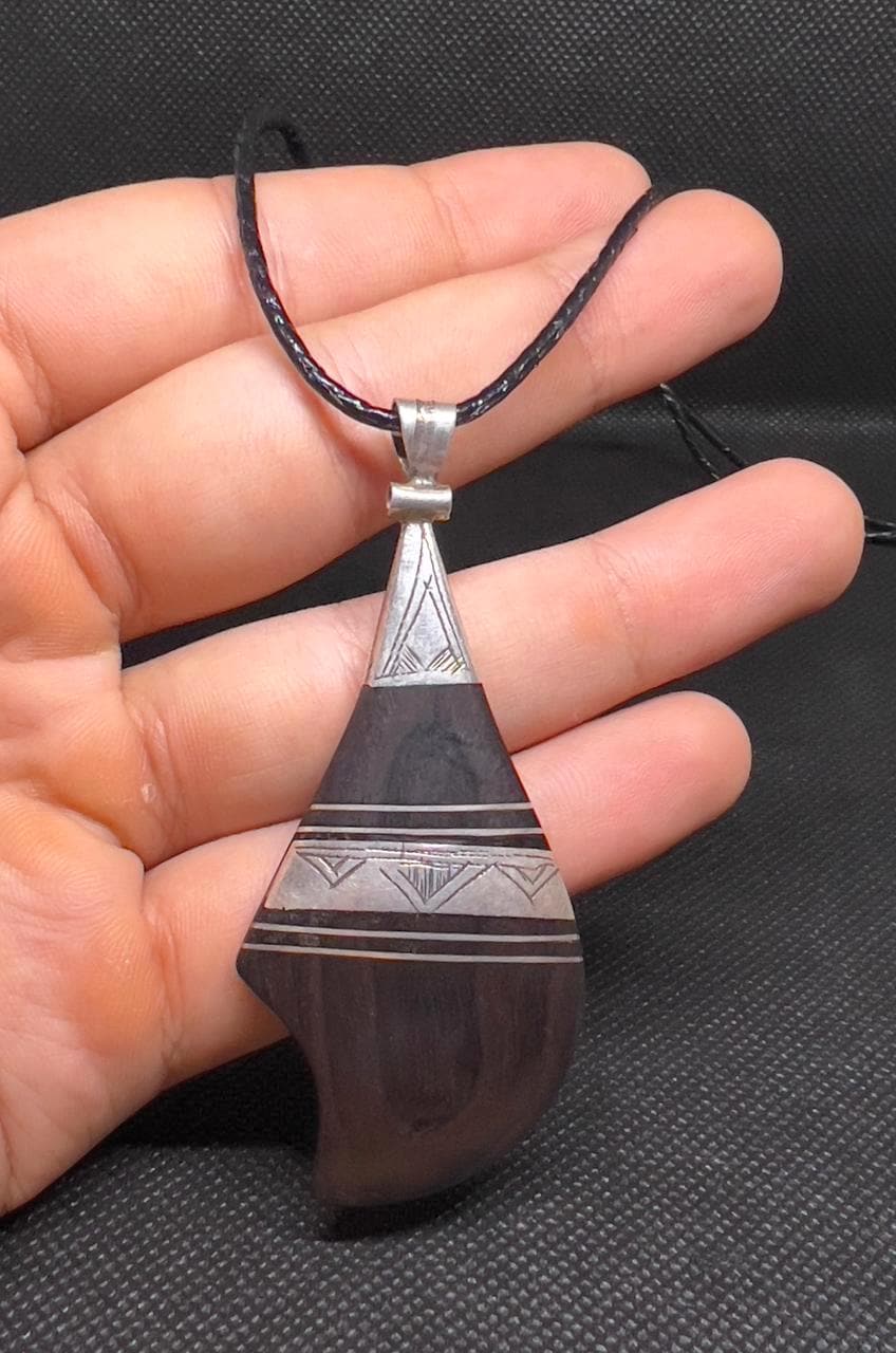 Antique Tuareg Ebony Pendant: Sterling Silver Inlay, African Amulet