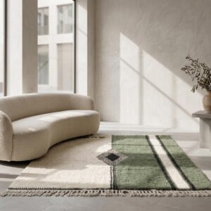 Amazigh Olive Green Beni Ourain Rug, Split Field Wool Carpet, Handmade Shag Diamond Living Room