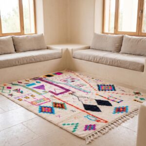 Azilal Rug - Ivory Wool Shag with Multicolor Folk Art Symbols, Handmade Tribal Berber Area Rug