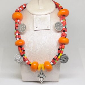 Handmade Berber Necklace: Antique Silver Coins, Coral & Faux Amber