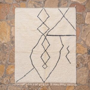 Hand-Knotted Ivory Wool Rug, Minimalist Black Diamond Berber Carpet, Scandinavian Shag Home