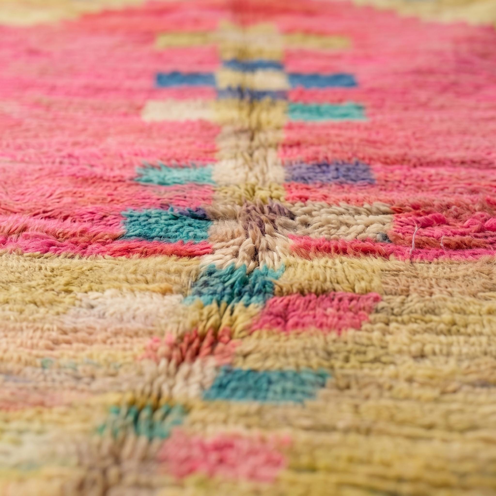Boujaad Rug - Hot Pink Ivory Multicolor Wool Rug - Handmade Medallion Abstract Rug - One of a Kind Boho Berber Carpet