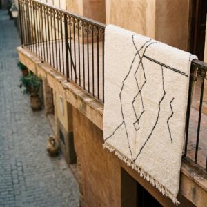 Hand-Knotted Ivory Wool Rug, Minimalist Black Diamond Berber Carpet, Scandinavian Shag Home