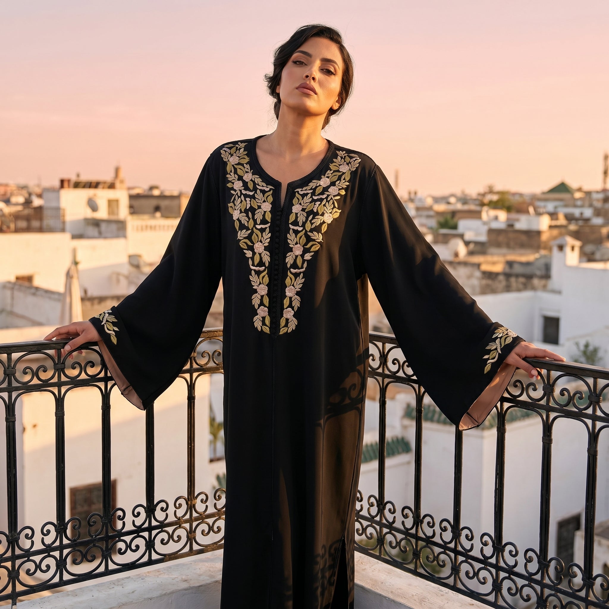 noir Kaftan - Beige Motif Occasion Wear