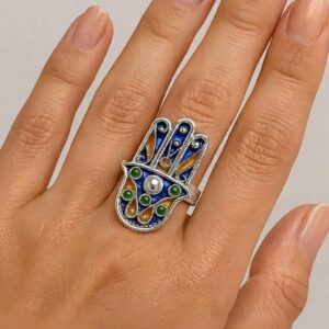 Kabyle Hamsa Hand Sterling Silver Ring: Berber Enamel Ethnic Jewelry