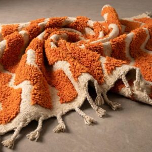 Rug - Ivory Orange Zigzag Wool Rug - Handmade Berber Wave Rug - Terracotta Boho Area Rug - Abstract Stripe Carpet - Multiple Sizes