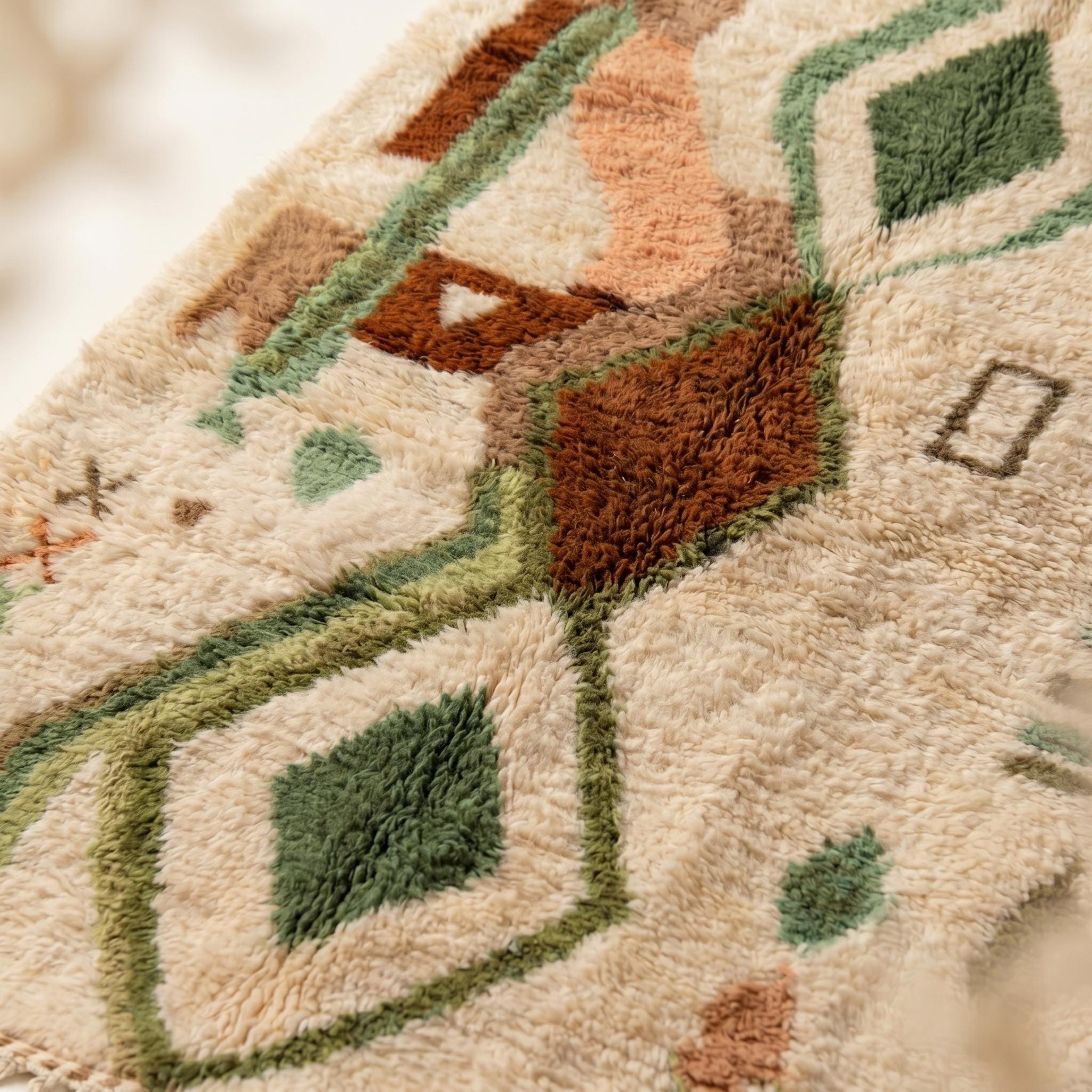 Azilal Rug - Ivory Sage Green Terracotta Wool Rug - Handmade Diamond Tribal Rug - Boho Area Rug - Berber Carpet - Multiple Sizes