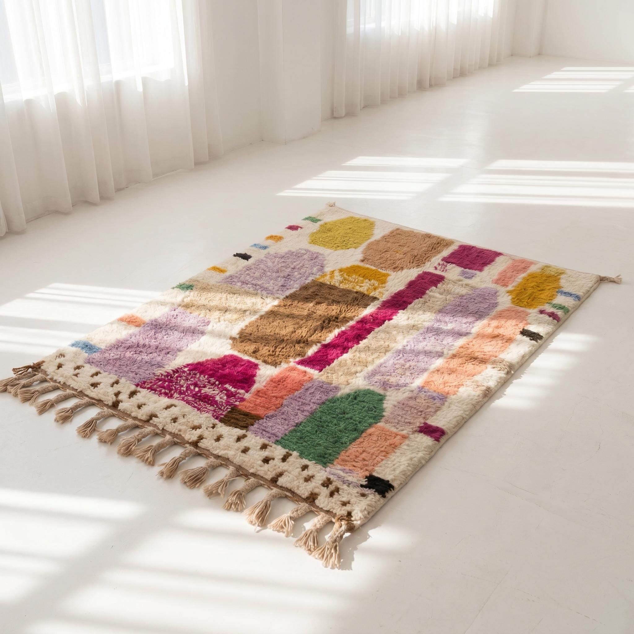 Boujaad Rug - Ivory Lavender Mustard Wool Rug - Handmade Art Rug - Colorful Boho Area Rug - Abstract Berber Carpet - Multiple Sizes