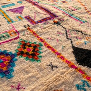 Azilal Rug - Ivory Wool Shag with Multicolor Folk Art Symbols, Handmade Tribal Berber Area Rug